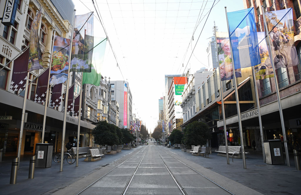 An empty Bourke Street Mall is seen in Melbourne, Australia on July 13, 2020.