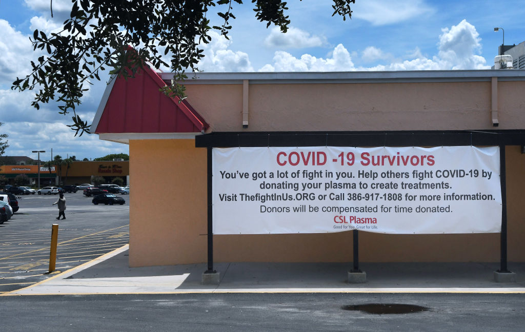 A sign soliciting COVID-19 survivors to donate plasma in Orange City, Fla., on Aug. 15, 2020.